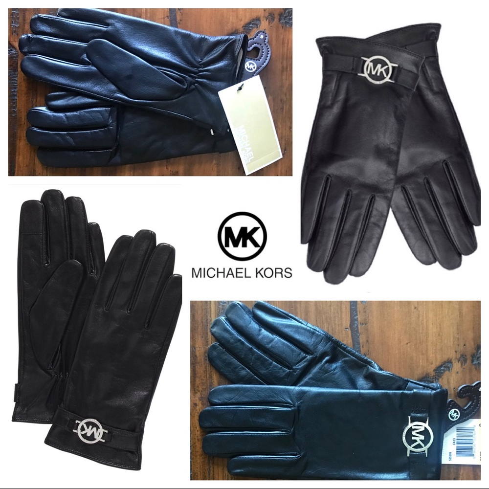 Michael Kors Black Leather Logo Gloves, Small